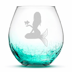 Crackle Wine Glass, Mermaid 5 Design, Hand Etched, 18oz