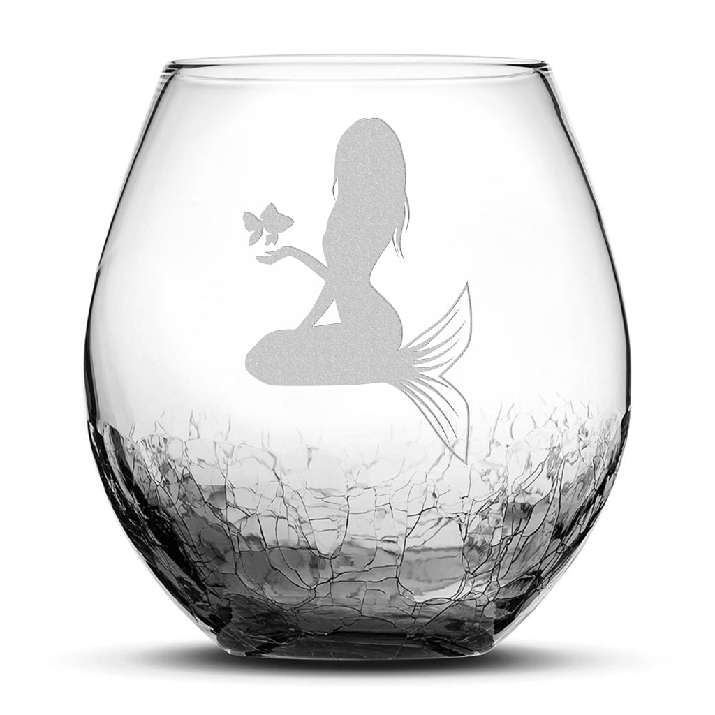 Crackle Wine Glass, Mermaid 5 Design, Laser Etched or Hand Etched, 18oz