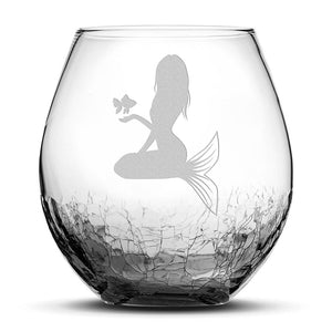 Crackle Wine Glass, Mermaid 5 Design, Laser Etched or Hand Etched, 18oz