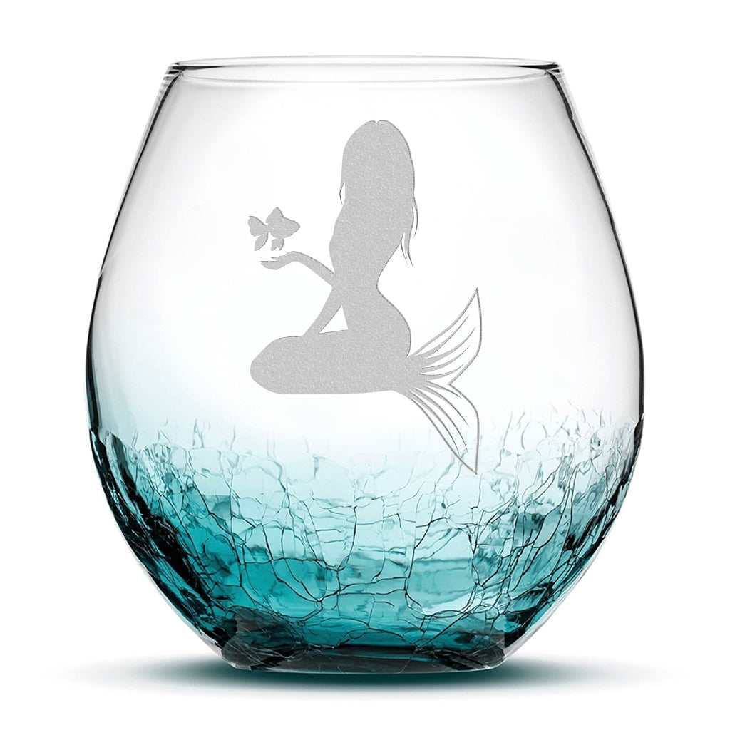 Crackle Wine Glass, Mermaid 5 Design, Laser Etched or Hand Etched, 18oz
