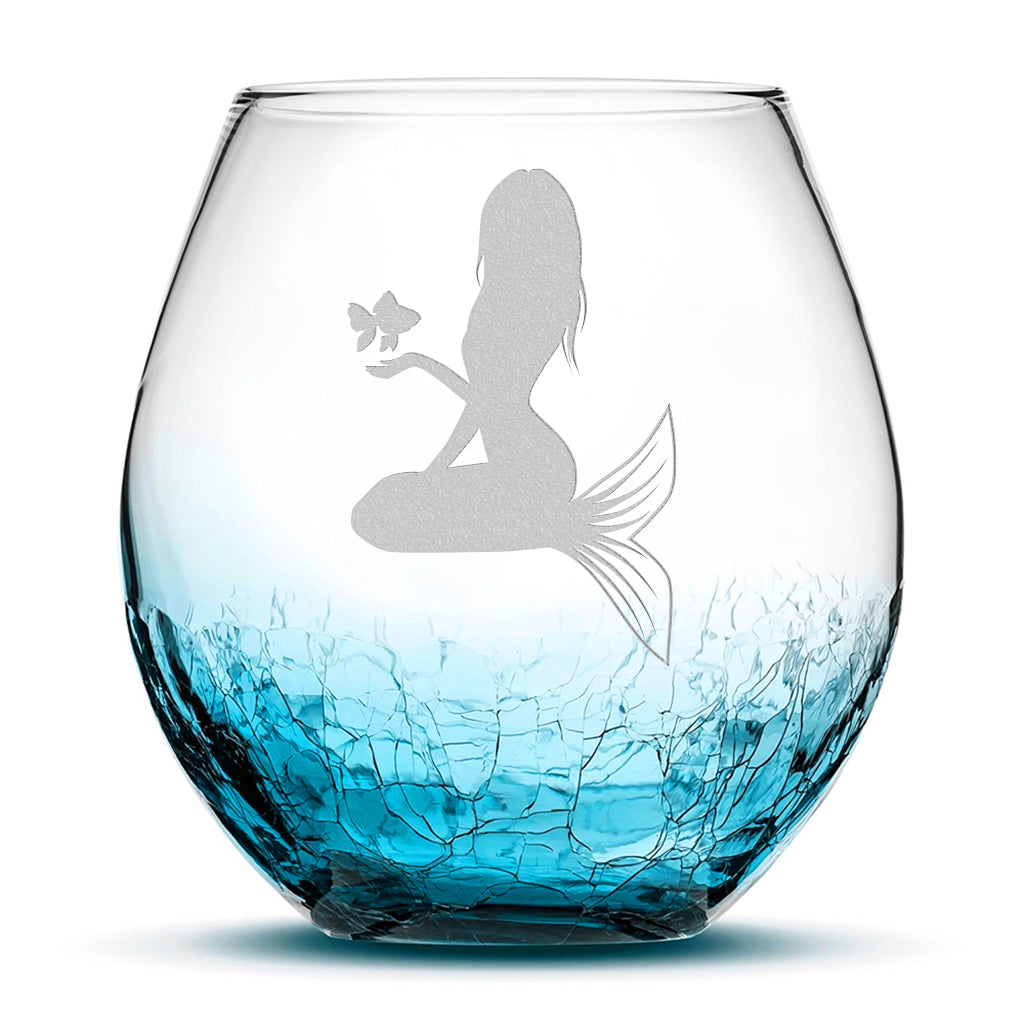 Crackle Wine Glass, Mermaid 5 Design, Laser Etched or Hand Etched, 18oz
