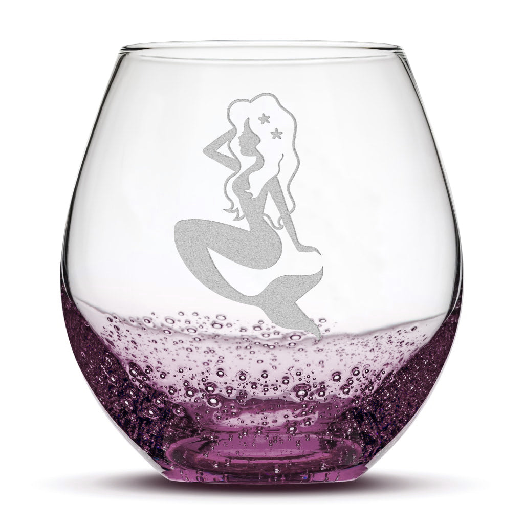 Bubble Wine Glass with Mermaid Design, Laser Etched or Hand Etched