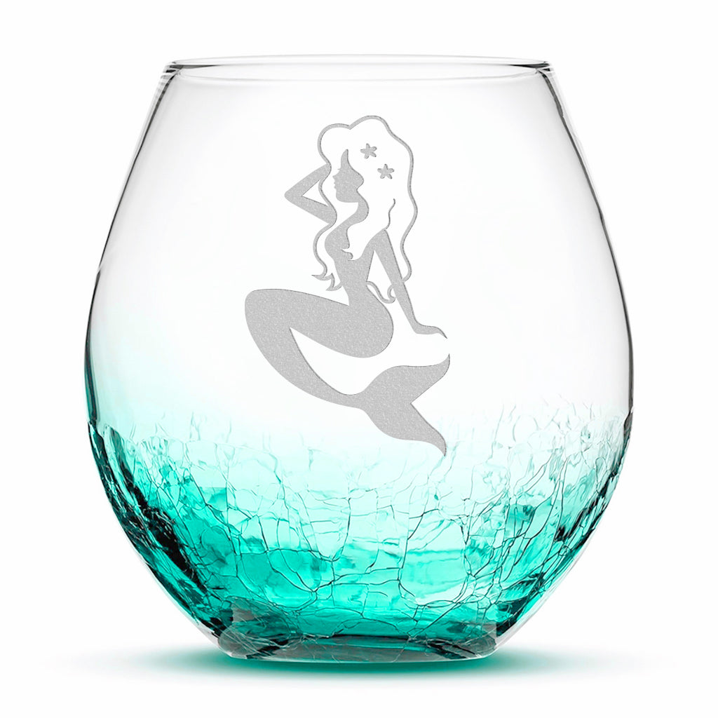 Crackle Wine Glass, Mermaid Design, Hand Etched, 18oz