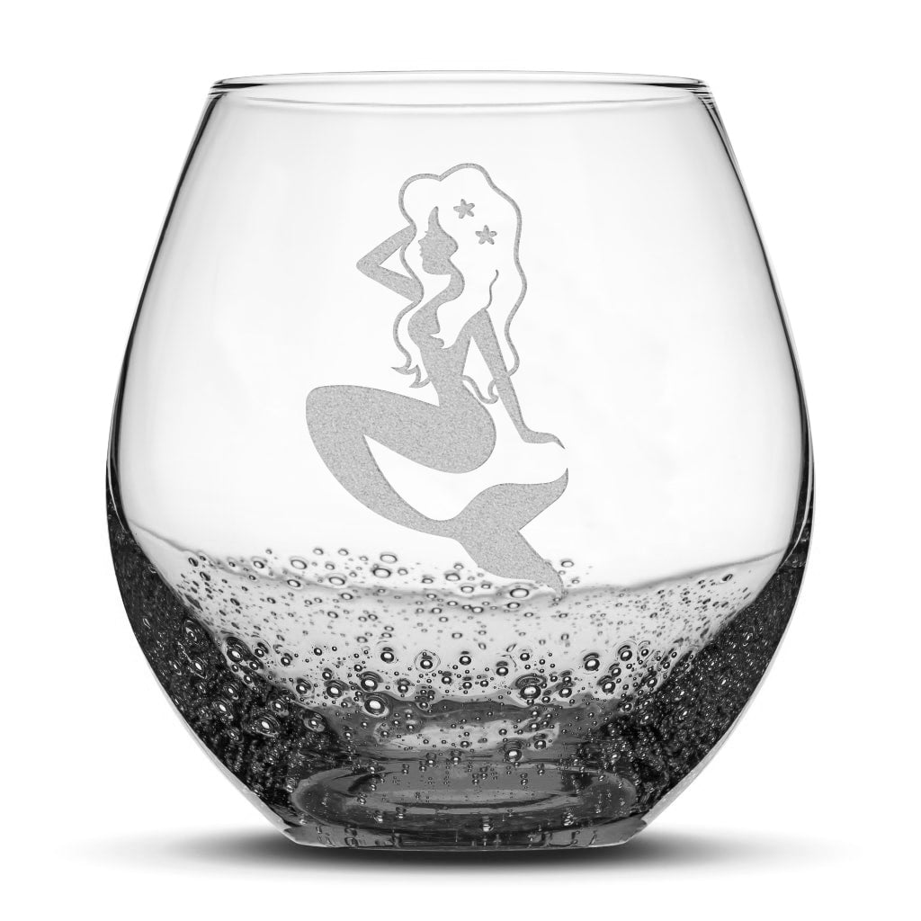Bubble Wine Glass with Mermaid Design, Laser Etched or Hand Etched