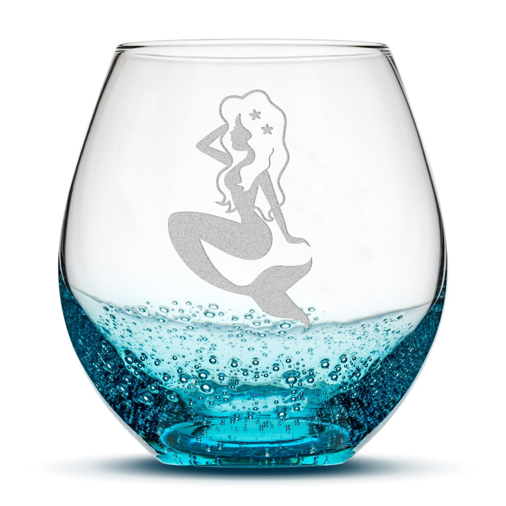 Bubble Wine Glass with Mermaid Design, Laser Etched or Hand Etched