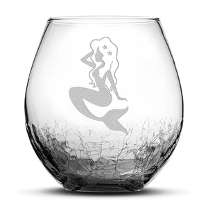 Crackle Wine Glass, Mermaid Design, Hand Etched, 18oz