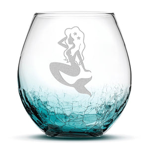 Crackle Wine Glass, Mermaid Design, Laser Etched or Hand Etched, 18oz