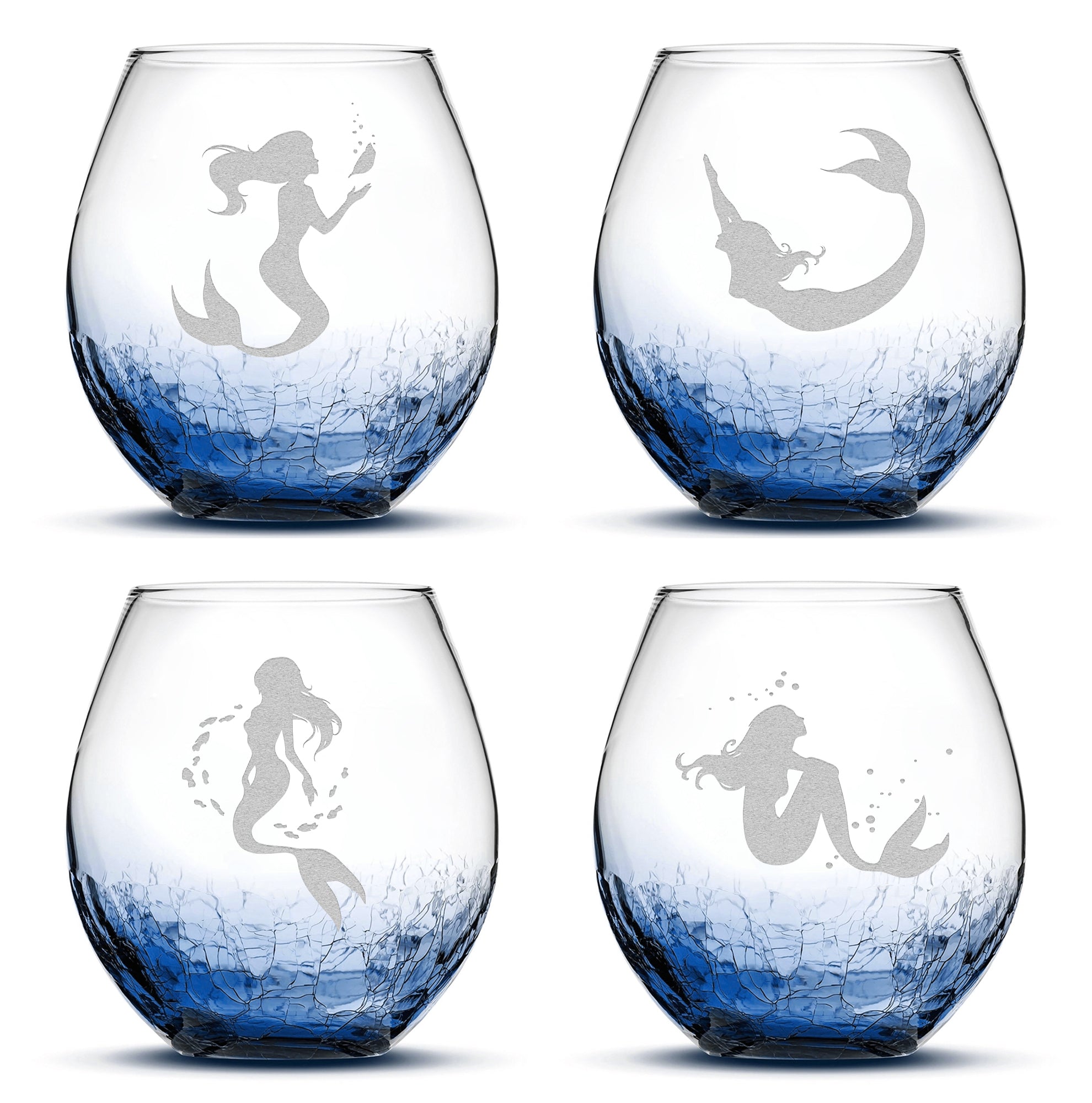 Crackle Wine Glasses, Mermaid Designs, 18oz, Set of 4