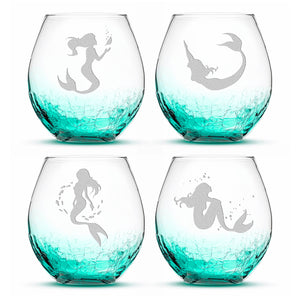 Crackle Wine Glasses, Mermaid Designs, 18oz, Set of 4