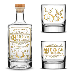 Merry Christmas Jersey Bottle Set with 2 Christmas Whiskey Glasses, Laser Etched or Hand Etched