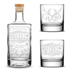 Merry Christmas Jersey Bottle Set with 2 Christmas Whiskey Glasses, Laser Etched or Hand Etched
