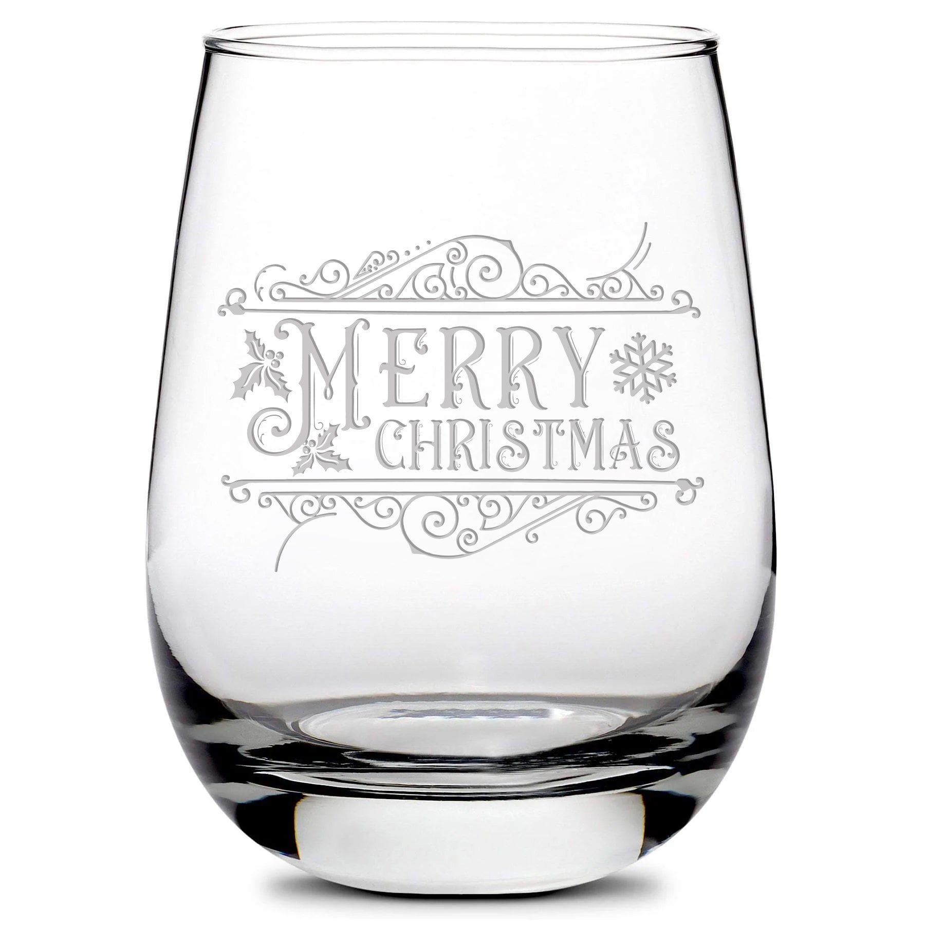 Premium, Merry Christmas Stemless Wine Glass, 16oz, Laser Etched or Hand Etched