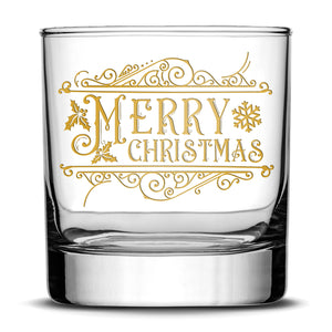 Premium Merry Christmas Whiskey Glass, Laser Etched or Hand Etched 11oz Rocks Glass, Made in USA