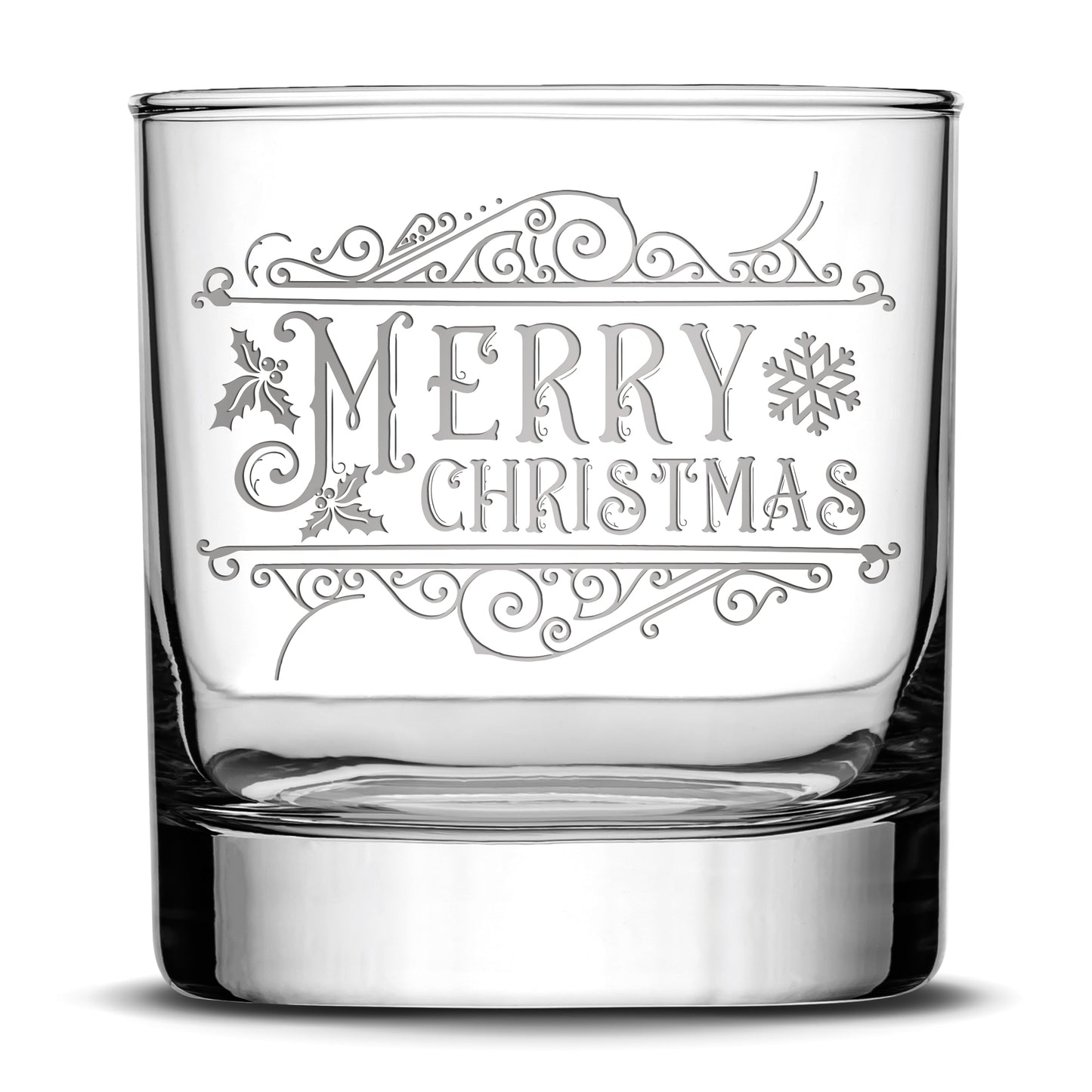 Premium Merry Christmas Whiskey Glass, Laser Etched or Hand Etched 11oz Rocks Glass, Made in USA