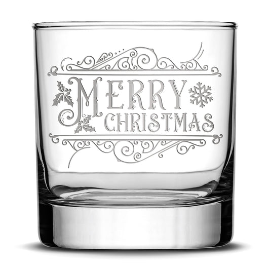 Premium Merry Christmas Whiskey Glass, Laser Etched or Hand Etched 11oz Rocks Glass, Made in USA