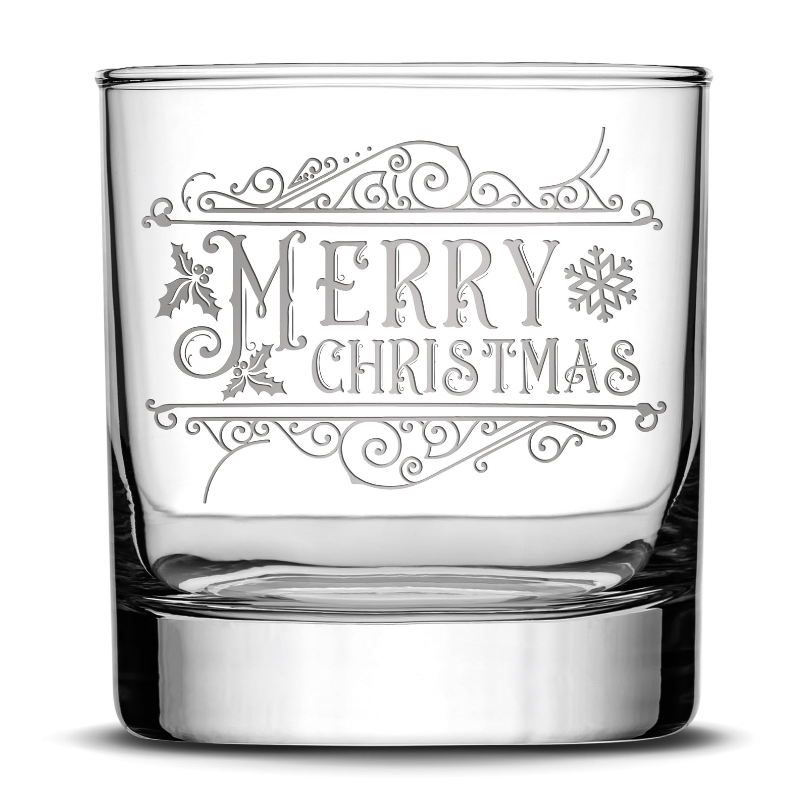 Premium Merry Christmas Whiskey Glass, Laser Etched or Hand Etched 11oz Rocks Glass, Made in USA