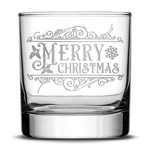 Premium Merry Christmas Whiskey Glass, Hand Etched 11oz Rocks Glass, Made in USA
