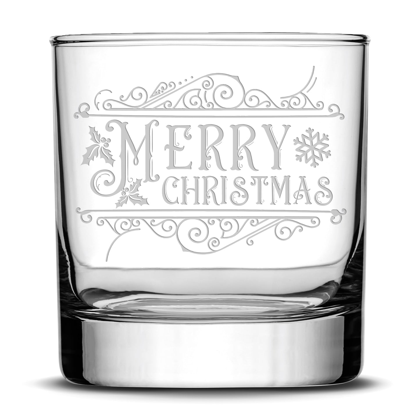 Premium Merry Christmas Whiskey Glass, Laser Etched or Hand Etched 11oz Rocks Glass, Made in USA