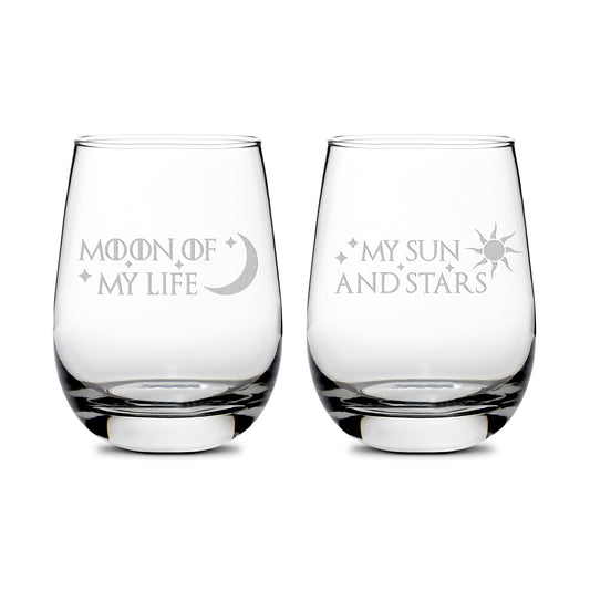 Premium Wine Glasses, Game of Thrones, Moon of My Life, My Sun and Stars, 16oz (Set of 2), Laser Etched or Hand Etched