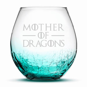 Crackle Wine Glass, Mother of Dragons, Hand Etched, 18oz