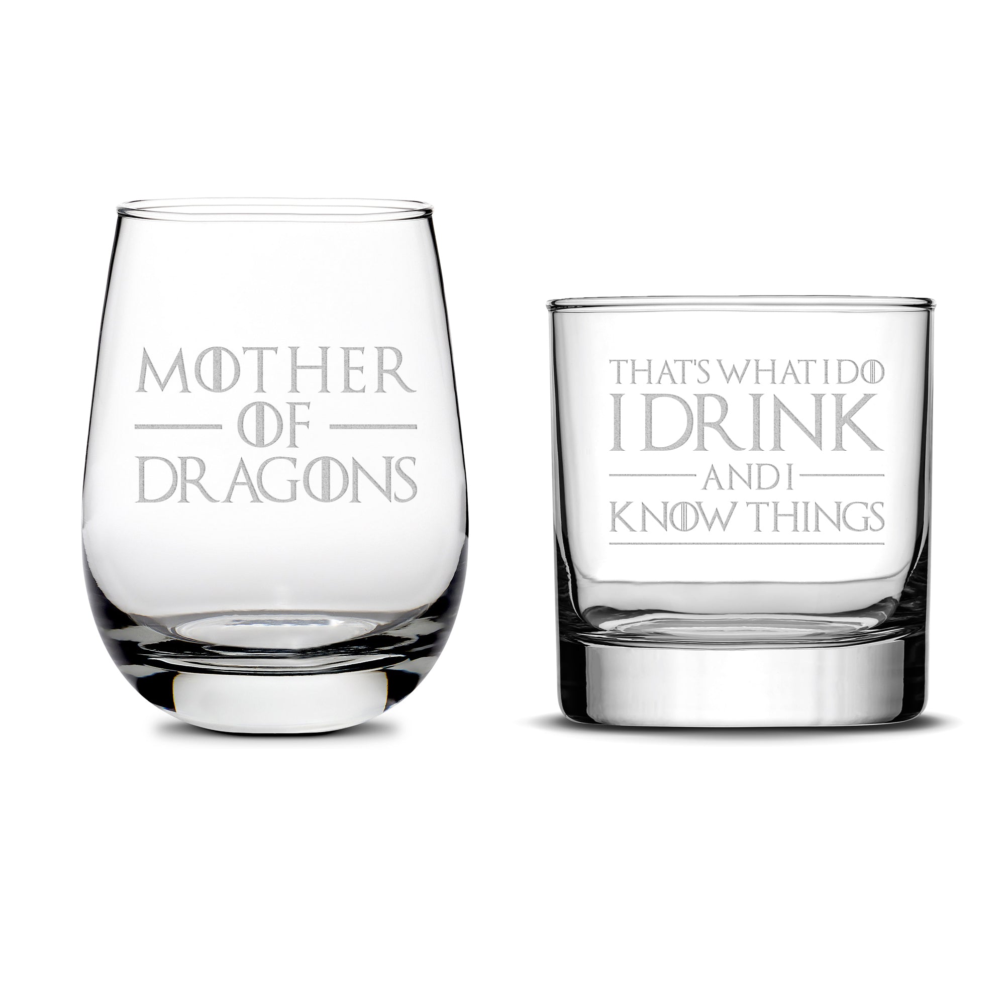 Premium Wine Glass (Mother of Dragons), Whiskey Glass (I Drink and I Know Things), Set of 2, Laser Etched or Hand Etched