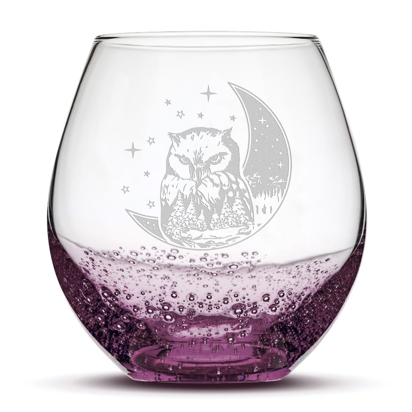 Bubble Wine Glass, Owl & Moon Design, Laser Etched or Hand Etched, 18oz