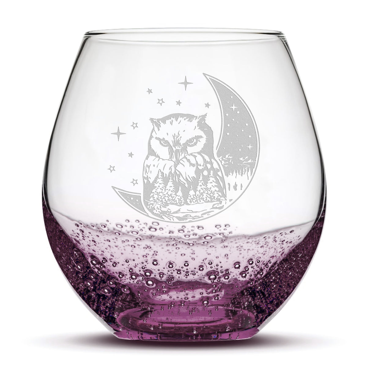 Bubble Wine Glass, Owl & Moon Design, Laser Etched or Hand Etched, 18oz