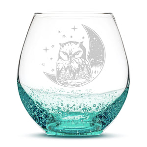 Bubble Wine Glass, Owl & Moon Design, Laser Etched or Hand Etched, 18oz
