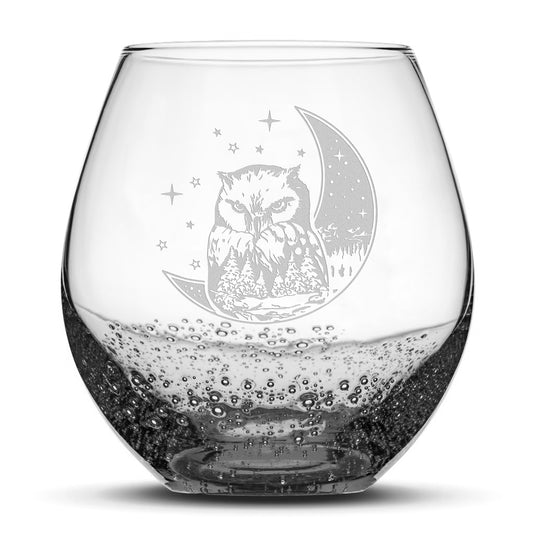 Bubble Wine Glass, Owl & Moon Design, Laser Etched or Hand Etched, 18oz