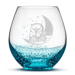 Bubble Wine Glass, Owl & Moon Design, Laser Etched or Hand Etched, 18oz