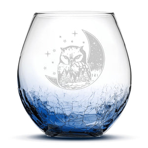 Crackle Wine Glass, Owl & Moon Design, Hand Etched, 18oz