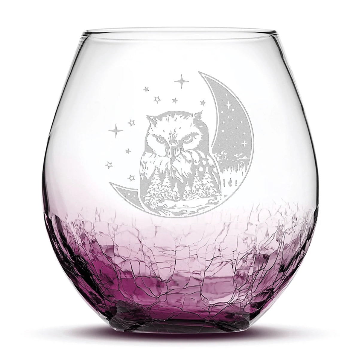 Less Than Perfect Crackle Wine Glass, Owl & Moon Design, Laser Etched or Hand Etched, 18oz