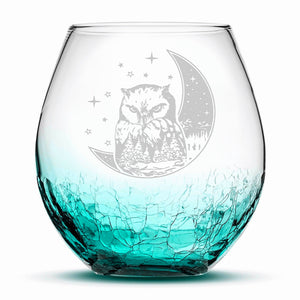 Less Than Perfect Crackle Wine Glass, Owl & Moon Design, Hand Etched, 18oz