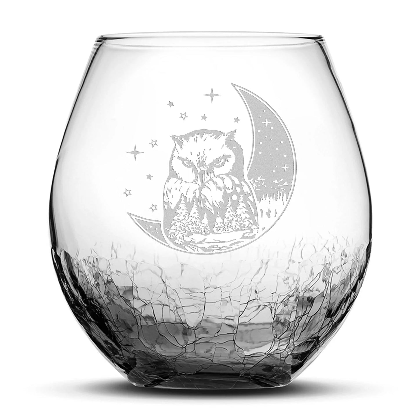 Less Than Perfect Crackle Wine Glass, Owl & Moon Design, Laser Etched or Hand Etched, 18oz