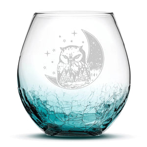 Less Than Perfect Crackle Wine Glass, Owl & Moon Design, Laser Etched or Hand Etched, 18oz
