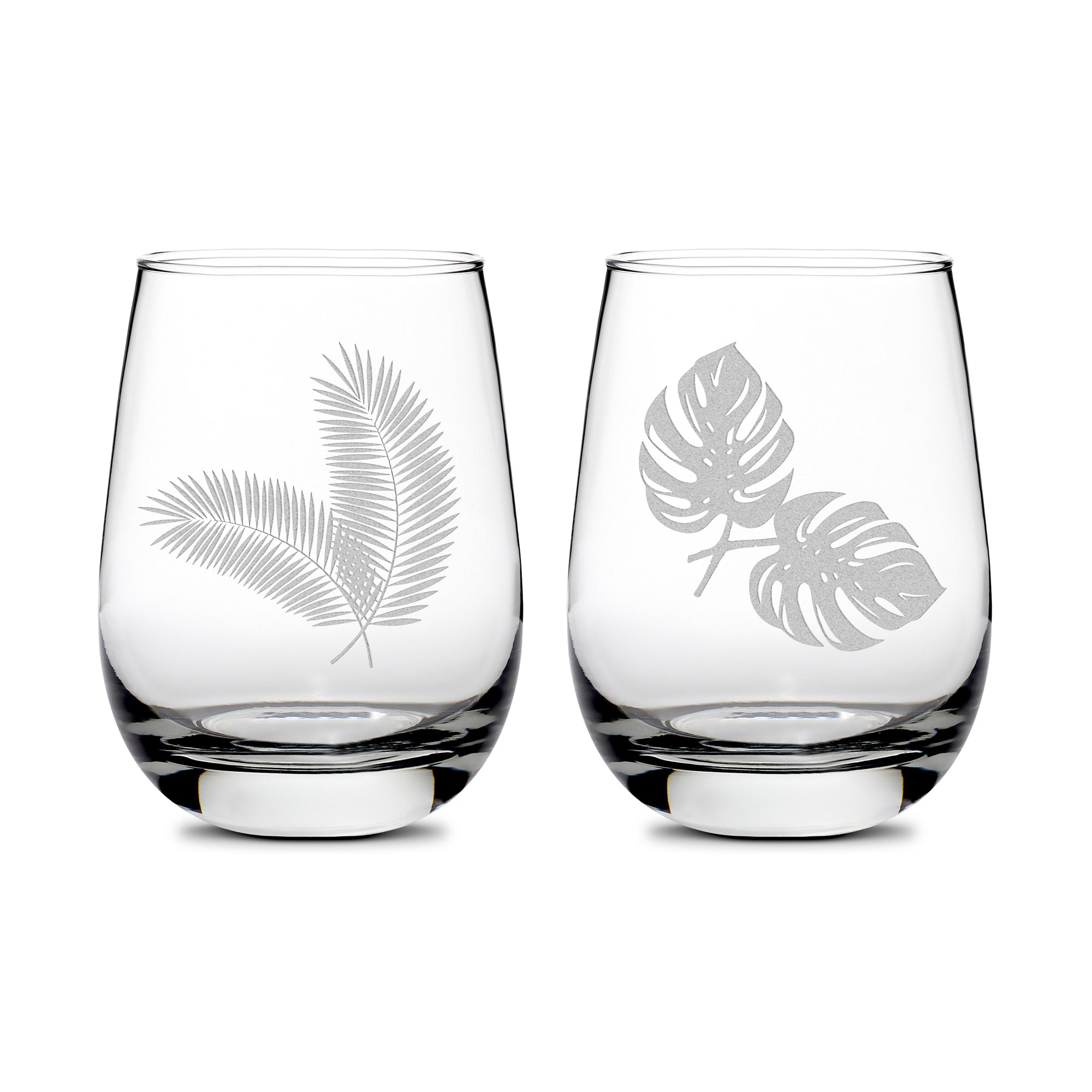 Premium Wine Glasses, Palm/Monstera Leaves, 16oz (Set of 2), Laser Etched or Hand Etched