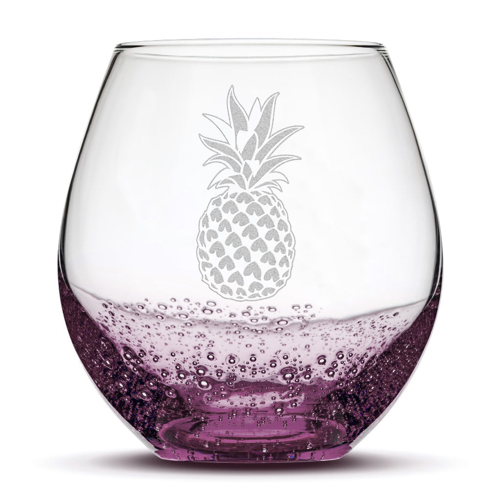 Bubble Wine Glass with Pineapple Design, Laser Etched or Hand Etched
