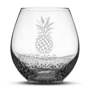 Bubble Wine Glass with Pineapple Design, Hand Etched