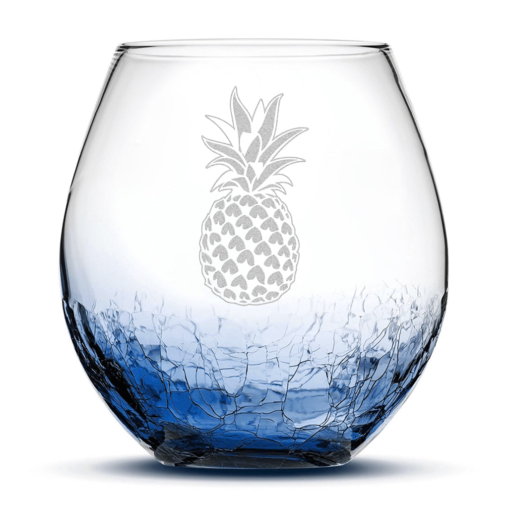 Crackle Wine Glass, Pineapple Design, Laser Etched or Hand Etched, 18oz