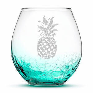 Crackle Wine Glass, Pineapple Design, Hand Etched, 18oz
