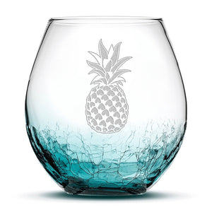 Crackle Wine Glass, Pineapple Design, Hand Etched, 18oz