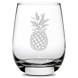 Premium Wine Glass, Pineapple Design, 16oz, Laser Etched or Hand Etched