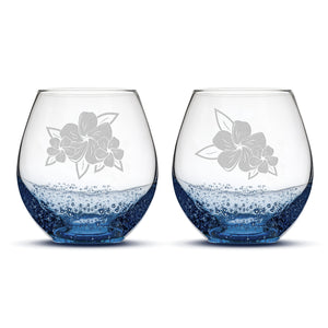 Bubble Wine Glasses, Plumerias with Leaves, Set of 2