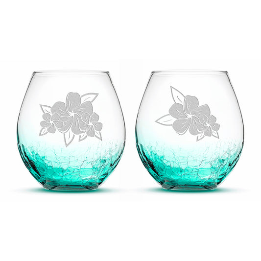 Crackle Wine Glasses, Plumerias with Leaves, Set of 2