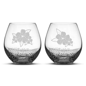 Bubble Wine Glasses, Plumerias with Leaves, Set of 2