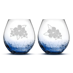 Crackle Wine Glasses, Plumerias with Leaves, Set of 2