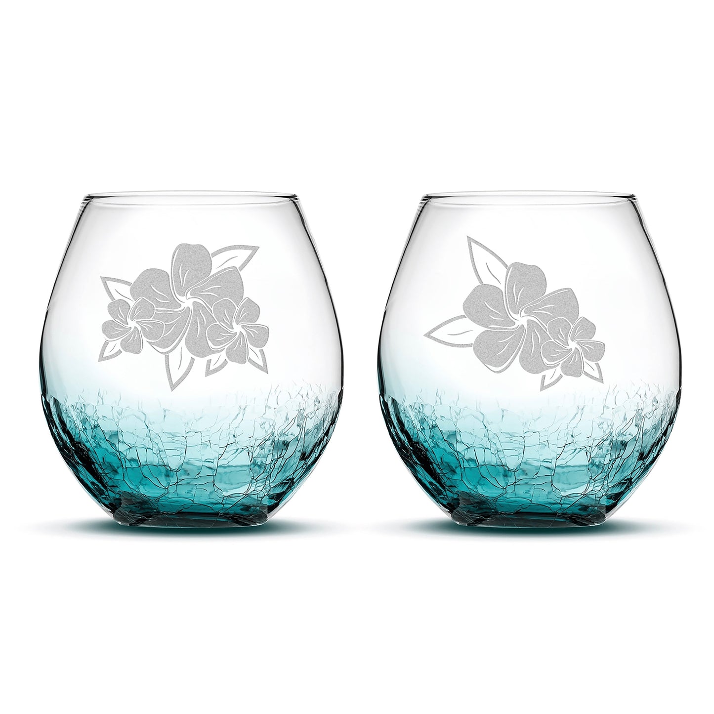 Crackle Wine Glasses, Plumerias with Leaves, Set of 2