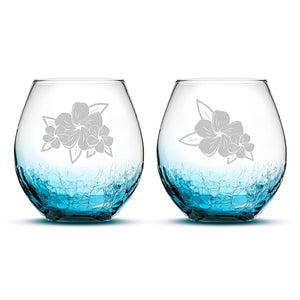Crackle Wine Glasses, Plumerias with Leaves, Set of 2