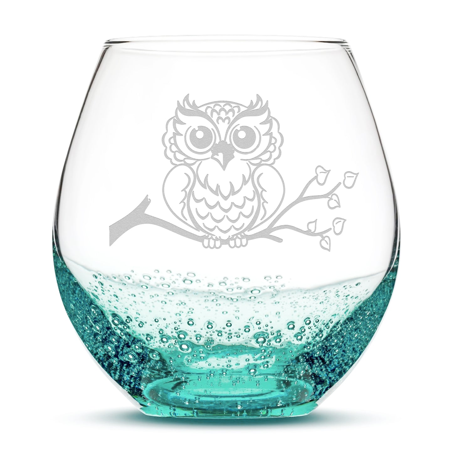 Bubble Wine Glass, Resting Owl Design, Laser Etched or Hand Etched, 18oz