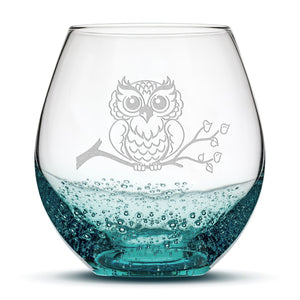 Bubble Wine Glass, Resting Owl Design, Laser Etched or Hand Etched, 18oz